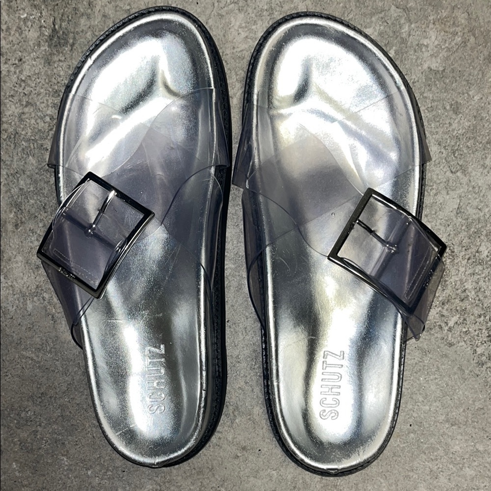SCHUTZ Metallic Silver Slides (10)